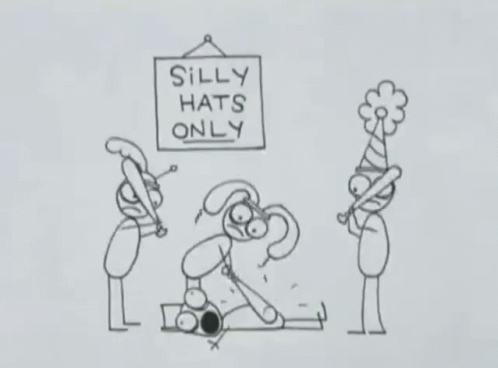 two cartoon people sitting down and one man pointing