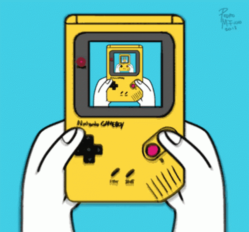 someone holding up an old school style gameboy