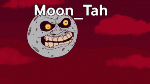 an evil looking cartoon with blue eyes and the words moon talk