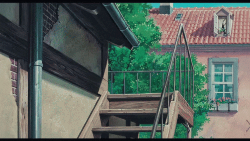 a digital painting shows a balcony and stairs