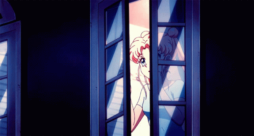 the cartoon girl is looking through an open window