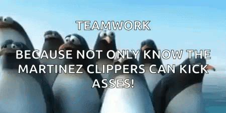 a group of penguins standing together and one has a caption that says teamwork because not only know the marine