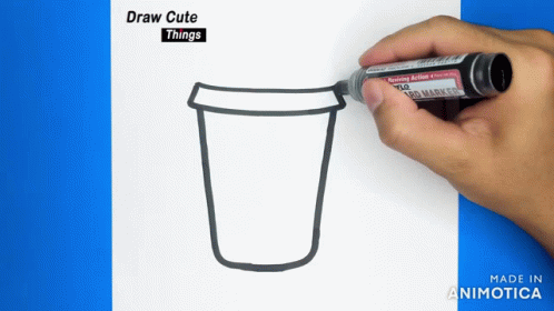 a drawing of a hand holding a marker with a drawing of a cup