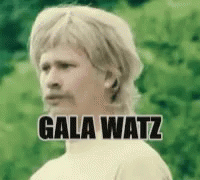 a poster that says gala wattz next to a young man in a white top