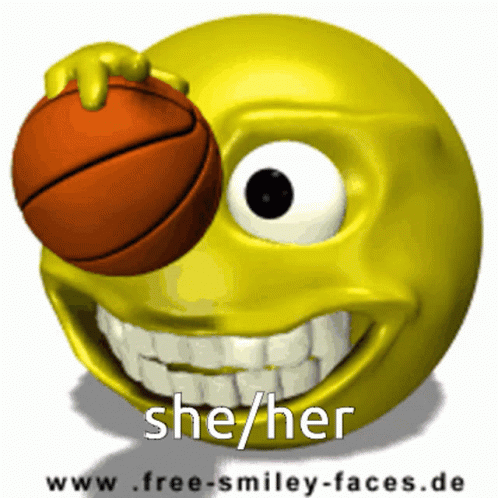 a blue smiley face has a basketball in its mouth