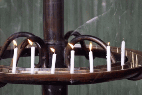a bunch of lit candles are sitting on a candle holder