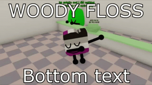 an animated image of woody floss texting and pointing to a wall