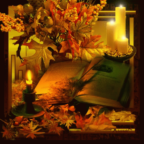 a po of flowers in vase with lit candles next to an open book