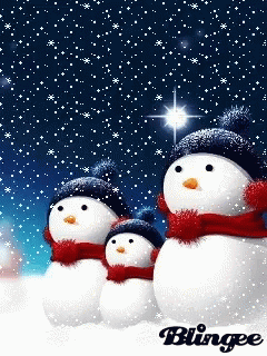 a cartoon style image of three little snowmen