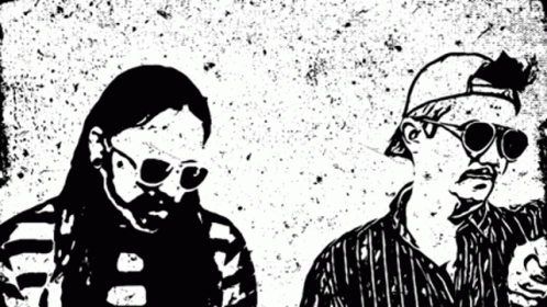 black and white ink drawing of two men, one holding a gun