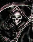 a skull with a hood and a sword