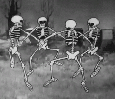 cartoon skeleton dance with another skeleton in black and white