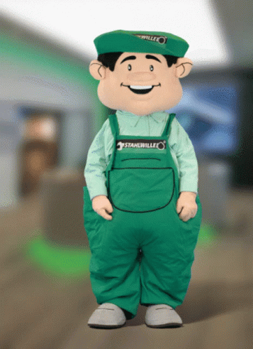 a mascot of a blue man wearing overalls and a green hat