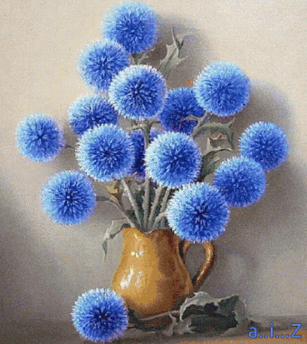painting of a blue vase with some flowers