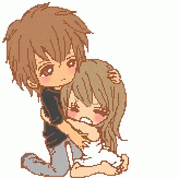 a couple hugging each other with anime imagery on them