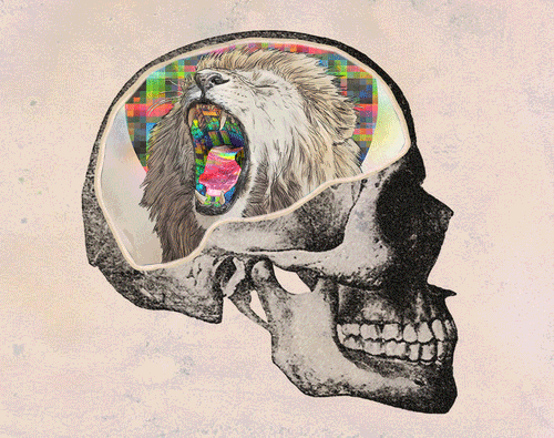 a painting of a human head with a skull inside it