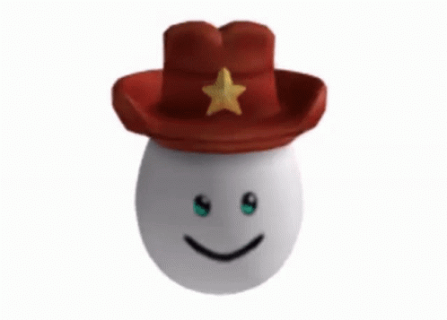 a white ball with a blue top hat has green eyes