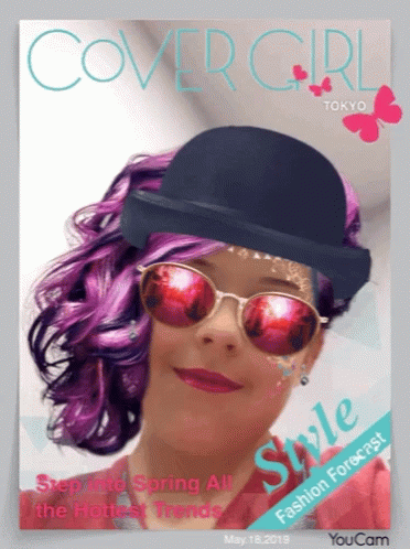 the back cover of an ad featuring a woman with purple hair and pink sunglasses