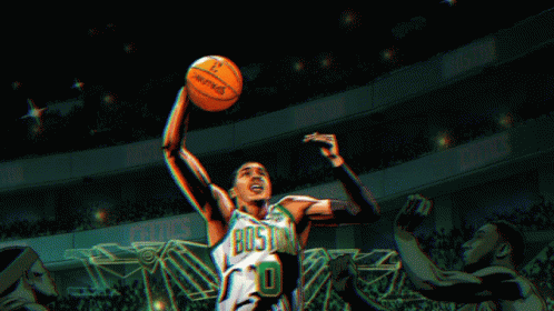 this is an animated image of a man playing basketball