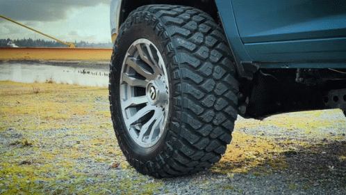 close up of the wheel and tires on a truck