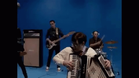 group of men playing on an accordion, keyboard and guitar