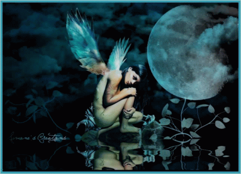 a woman sitting on her knees with her wings folded as if to be on the moon