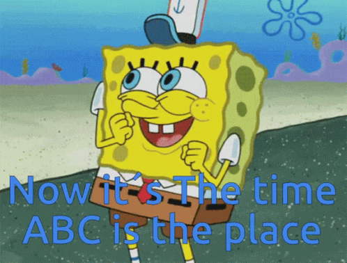 cartoon image of a blue square character with a sign saying now it's the time abc is the place