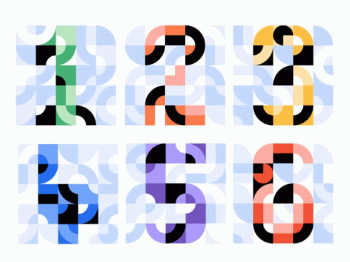 four numbers made from overlapping squares in black, blue, orange, and pink