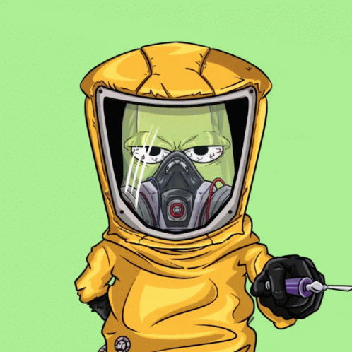 cartoon of an individual wearing a protective outfit with one eye open and the other eye closed