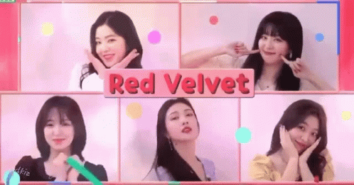 four women in red velvet clothes are making faces