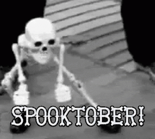 skeleton on scooter in black and white with words spook tober