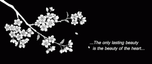a white flower on a black background with words on it