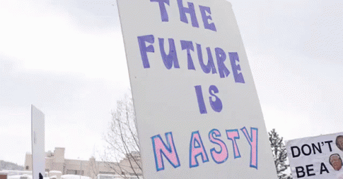 several people protesting for the future is nasty