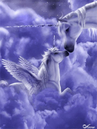 a white unicorn is facing a silver winged horse