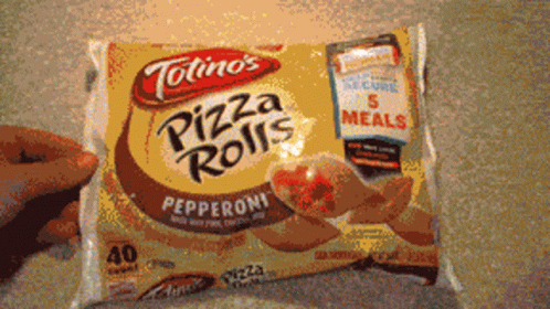 two gloves hold a large pack of frozen pizza rolls