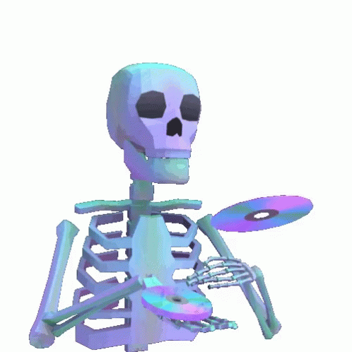 a skeleton holding three discs in his hand