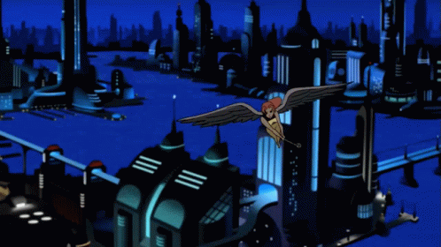 an old anime scene shows a futuristic city with tall buildings and huge, flying, black bird