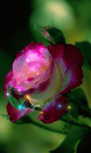 a purple rose with green leaves and lights
