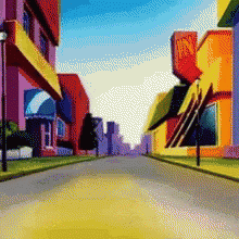 a painting of two buildings in a city