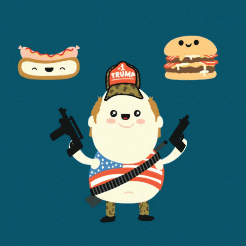 a cartoon picture of a man holding guns and a hamburger