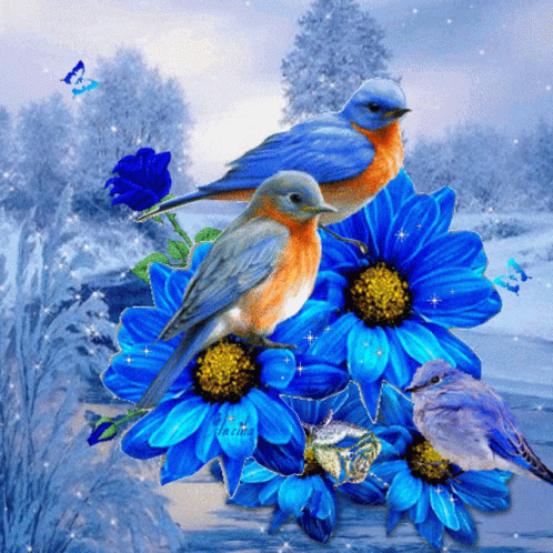 a painting of two blue birds on a bouquet of sunflowers