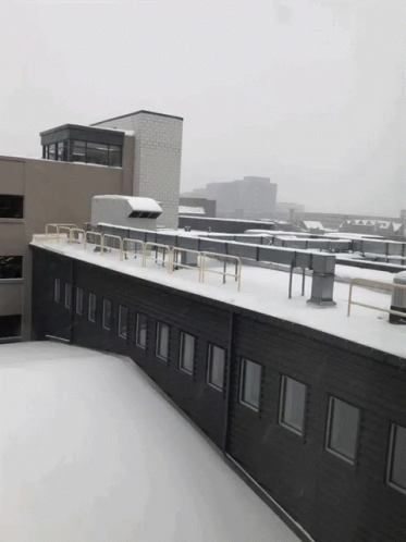 an office building covered with snow on the top