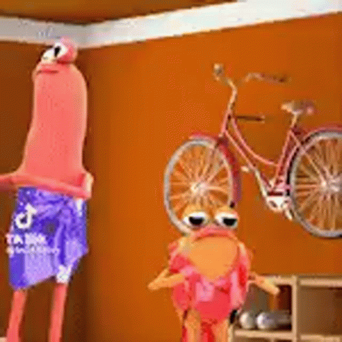 a cartoon character holding onto a bike in a room