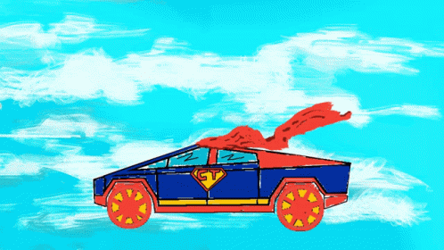 a painting depicting an art project with a red car and blue doves flying in it