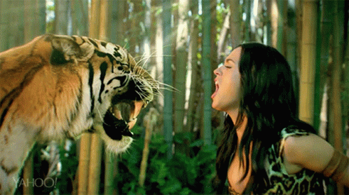 a young woman who is about to try and interact with an animated tiger
