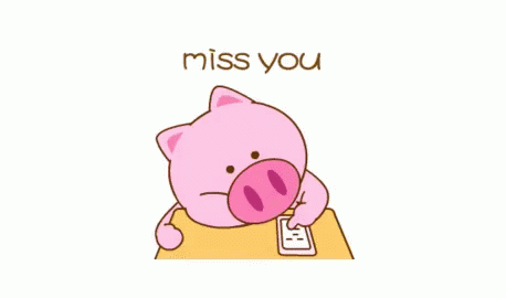 an animated pig holding a cellphone in its mouth and a message i miss you