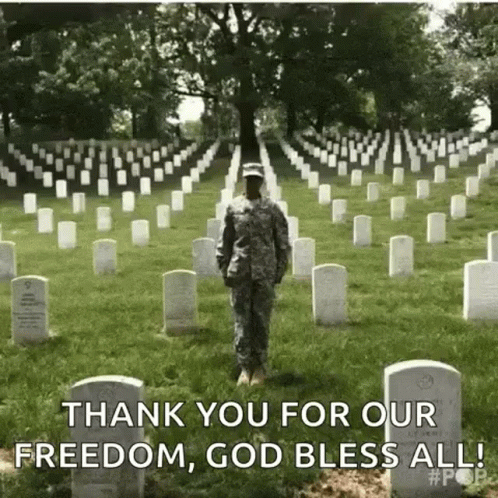 a soldier standing in a graveyard with the caption thank you for our freedom god bless all