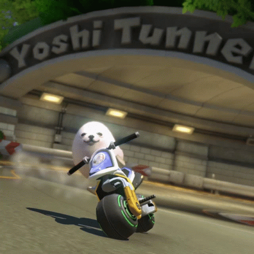 a toy panda riding a motorcycle in a cartoon