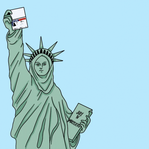 a drawing of a statue of liberty with a us visa card in her hand