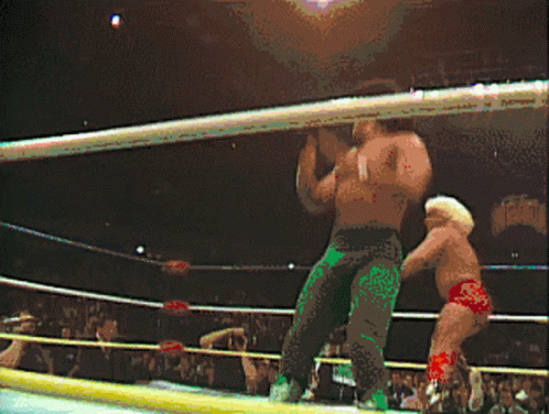 two wrestlers fighting in a boxing ring at night